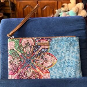 Desigual Pink Blue Floral Wristlet Clutch W/Tan Strap, Never Used,MAKE AN OFFER
